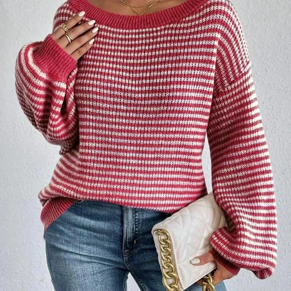 Pink Casual Women's Striped Printed Turtleneck Pullover Sweater